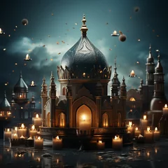 Foto op Plexiglas Ramadan Kareem Eid Mubarak Royal Elegant Lamp with Mosque Holy Gate with fireworks © Art World Gallery