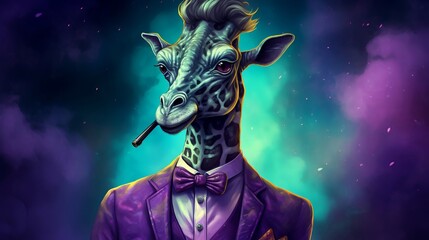 A quirky digital art piece presenting a giraffe in a vibrant purple suit and bow tie, complete with a stylish hairdo and a pipe.