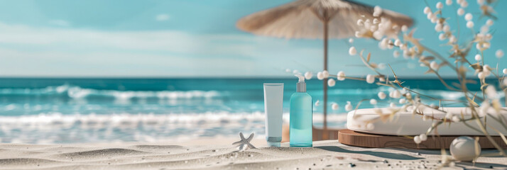 A beach scene with a blue umbrella and mock up with two bottles of sunscreen - obrazy, fototapety, plakaty
