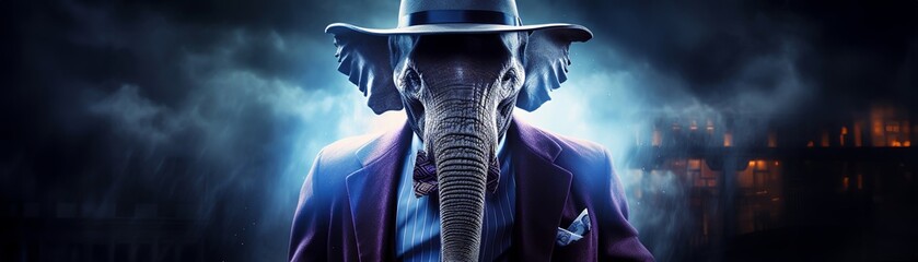 An elephant in a slate blue suit and a copper colored fedora its silhouette striking against a storm of midnight blue and lilac purple lightning - obrazy, fototapety, plakaty