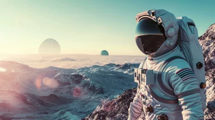 Foto auf Glas An astronaut in a space suit exploring a distant planet's surface, futuristic space exploration concept, alien landscape. Resplendent. © Summit Art Creations