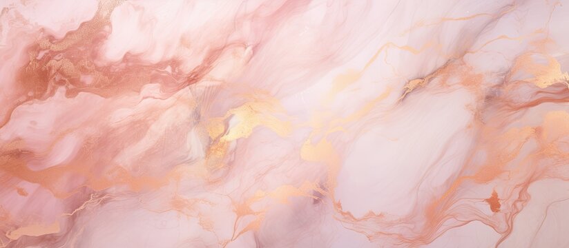 An intricate pattern of pink and gold marble, resembling a Cumulus cloud, captured in stunning macro photography. This stunning texture looks like a work of art, perfect for a dish or painting