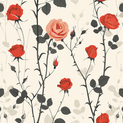 seamless pattern of roses in various stages of bloom on light background