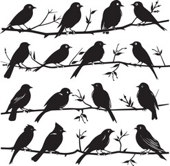 Set of Silhouette birds on a tree branch on white background