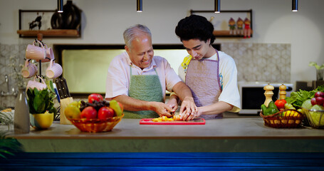 Indian Asian Hindu happy cute teen boy elder old aged older senior chef grandpa young adult man male standing modern kitchen teach learn cut vegan food slice chop board enjoy fun joy indoor home