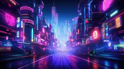 Stoff pro Meter The picture of the neon night time futuristic cyberpunk scifi metropolis yet bright with neon light that fill everywhere of metropolis and fill with tall building and long roadway at night. AIGX01. © Summit Art Creations