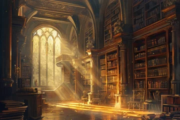 Papier Peint photo autocollant Vieil immeuble An ancient library filled with magical books, glowing orbs, and mystical artifacts. Shelves reach up to a high, vaulted ceiling, with soft light filtering through stained glass windows. Resplendent.