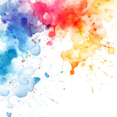 Colorful ink splashes. Paint splatters on bright material. Multi color dots. Watercolor on white and transparent background