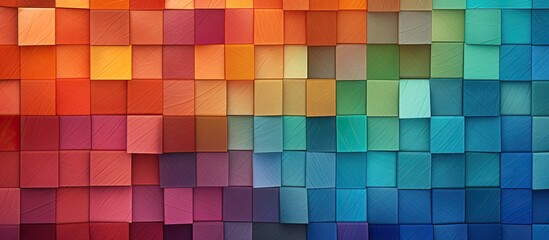 A vibrant display of tints and shades including Orange, Pink, Violet, and Magenta rectangles arranged in a line on the wall, creating a stunning piece of art reminiscent of a flooring pattern - obrazy, fototapety, plakaty