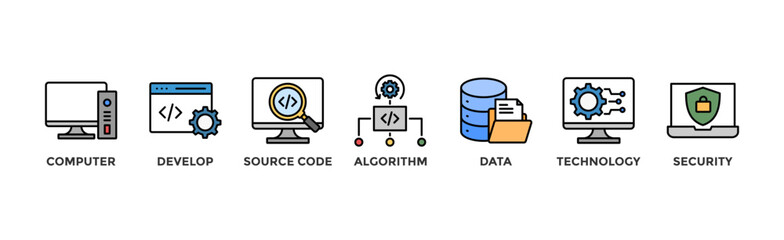 Programming banner web icon vector illustration concept with icon of computer, develop, source code, algorithm, data, technology and security	