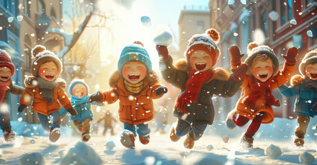Obraz premium A group of children playing snowballs in winter, with happy smiles on their faces