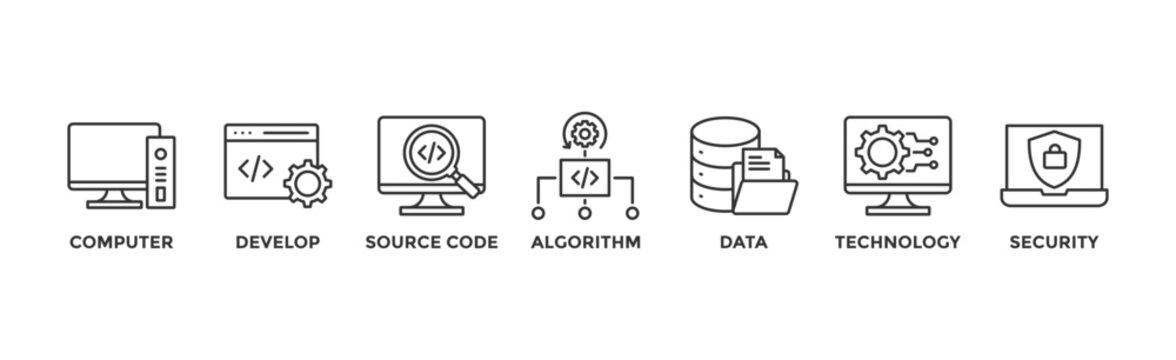 Programming banner web icon vector illustration concept with icon of computer, develop, source code, algorithm, data, technology and security	