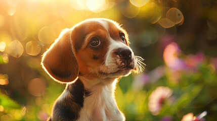Young beagle puppy with eyes full of wonder in soft-focus sunlight