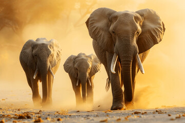 Elephant family on a sunset walk, stirring up a dust cloud in the golden light, an emblem of unity and wilderness