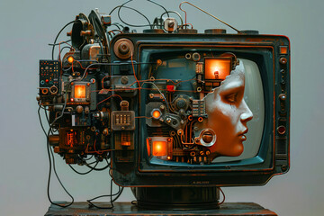 Retrofuturistic assemblage of human form with vintage electronic parts and warm glowing lights