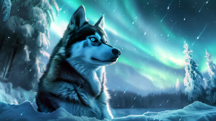 Siberian Husky in a snowy landscape under the aurora borealis, blue eyes reflecting the lights