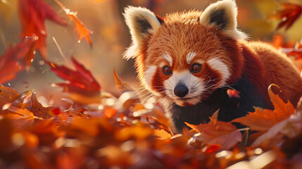 Obraz premium Fluffy red panda amidst autumn leaves, cuteness overload