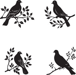Set of Silhouette birds Dove on a tree branch
