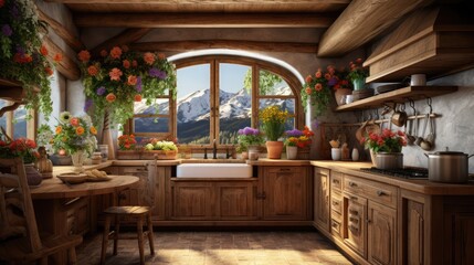 Cozy wooden Alpine kitchen interior with fresh flowers