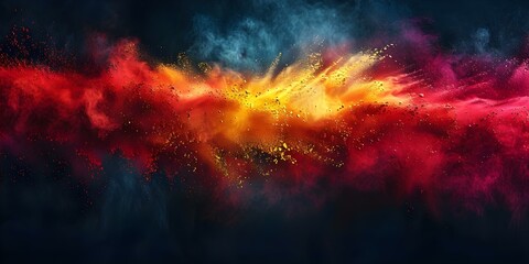 Dynamic Powder Splashes Resembling Colors of the Spanish Flag on Dark Background. Concept Spain Flag, Powder Splashes, Dynamic, Dark Background, Vibrant Colors