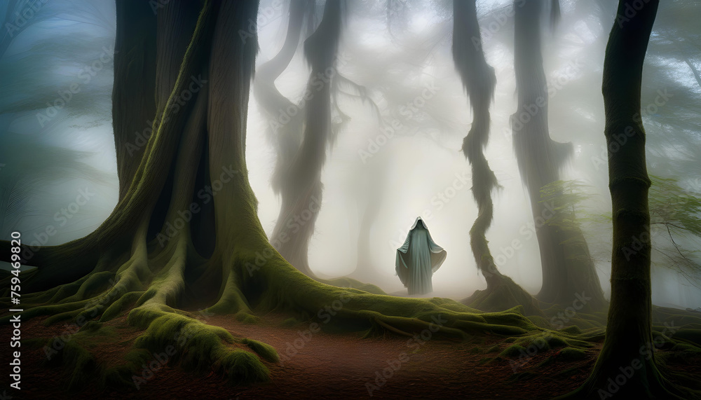 Wall mural a ghostly figure in a misty forest with twisted trees and dancing shadows