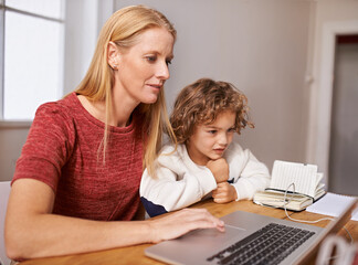 Remote work, happy and mother and child on laptop for streaming subscription, research and...
