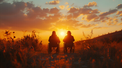 Three disabled people at the sunset. generative ai - obrazy, fototapety, plakaty