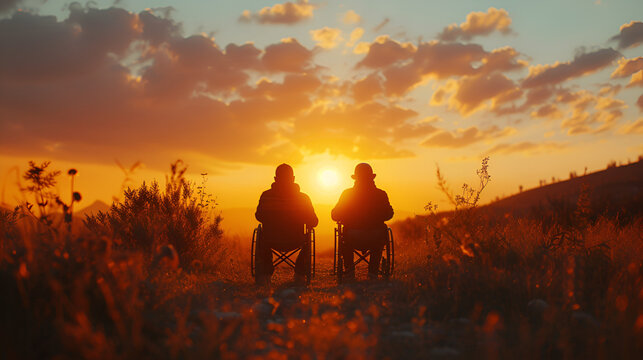 Three disabled people at the sunset. generative ai