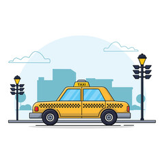 Yellow Taxi Car on City Vector Illustration. Taxi Service Concept Design