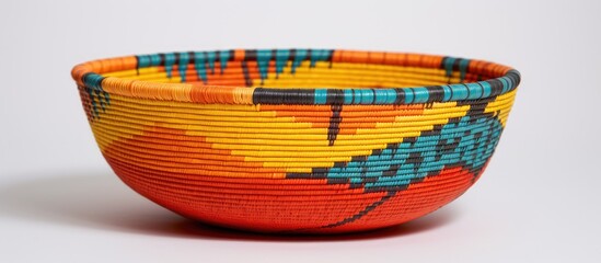 A creative arts piece made of beautiful natural material, a colorful wicker bowl in electric blue, sits on a white surface, resembling a boat on water