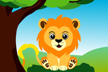 Obraz na płótnie Canvas A cute lion cub rests on a green tree trunk.
