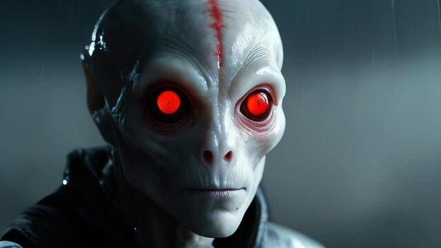In the mist, there is a close-up portrait of an alien with red eyes and a red line on its face.
