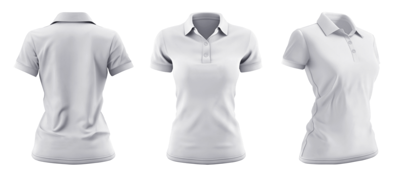 Set of woman white front, back and side view collar slim fit polo tee shirt on transparent background cutout, PNG file. Mockup template for artwork graphic design.	
