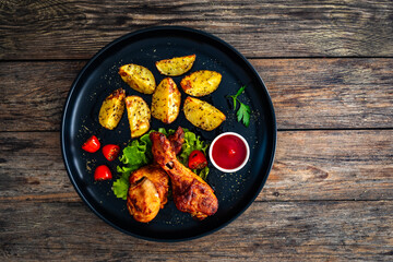 Oven baked chicken drumsticks with baked potato and fresh vegetables on wooden table
