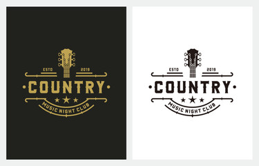 Country Guitar Music Western Vintage Retro Bar Cafe Logo Design - obrazy, fototapety, plakaty
