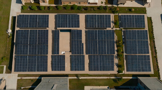 A top down shot directly over a large school building with many solar panels on the roof on a sunny day.generative.ai