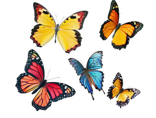 implistic four or five butterflies in various patterns and colors, They are set against a plain white background PNG