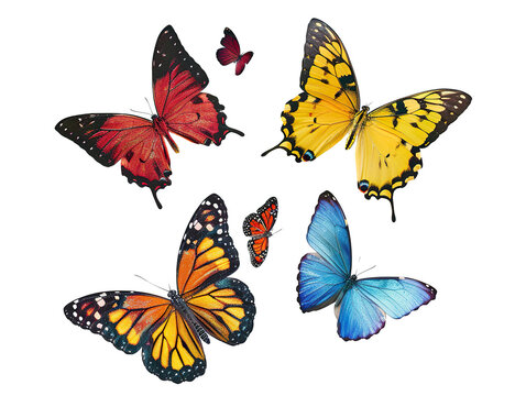 implistic four or five butterflies in various patterns and colors, They are set against a plain white background PNG