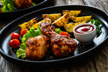Oven baked chicken drumsticks with baked potato and fresh vegetables on wooden table
