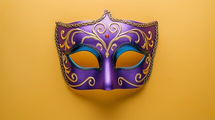 Vibrant Carnival Mask with Pink and Orange Feathers on Textured Blue Background