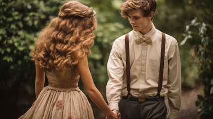 Romantic vintage couple holding hands in 1930s clothing, love and affection concept - obrazy, fototapety, plakaty