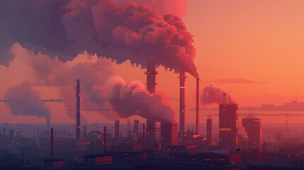 Industrial power plant with thick CO2 smoke from chimney. Pollution and carbon dioxide emissions footprint from fossil fuel burning. Global warming cause and urban environment problem from factories  - obrazy, fototapety, plakaty