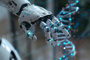 3D Rendered Robot Arm Pointing at Genetically Modified DNA: Artificial Intelligence Meets Microbiology Programming Concept