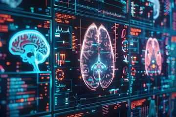 Futuristic Digital Display Neural Networks & Brain Imagery Analysis - obrazy, fototapety, plakaty