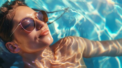 A woman with a brown sunglasses on vacation enjoys the sun. Girl swims in the pool, sunbathes and relaxes. Water surface, hotel holidays and travel concept