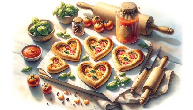 Watercolor painting of Heart-shaped Mini Pizzas