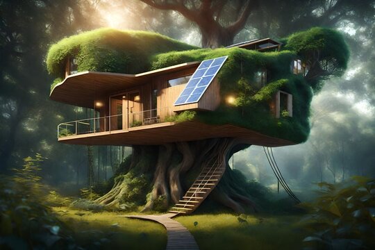 Spectacular image of a sustainable tree house surrounded by greenery in the woods for ESG concept. Eco-friendly house with modern design and solar panel on a tree. Digital art 3D illustration