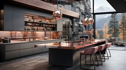 modern kitchen with marble and white cabinetry, in the style of dark silver and dark beige, li shuxing, glass as material, pink and gray, streamlined design, high detailed  - obrazy, fototapety, plakaty
