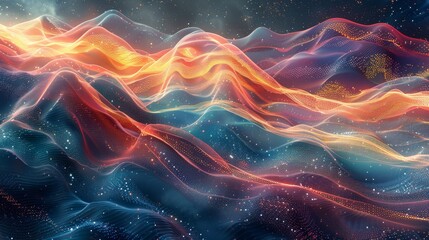 Obraz premium A mesmerizing landscape shaped by waves of neon lights, mirroring the starry dance of a cosmic horizon in motion..