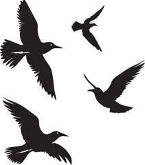 Set of Black Silhouette Birds flying 